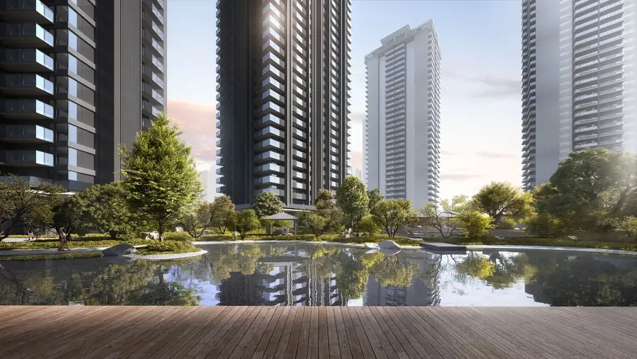 Waterside Residences towers reflected in the lake at Krisumi City, artistic impression