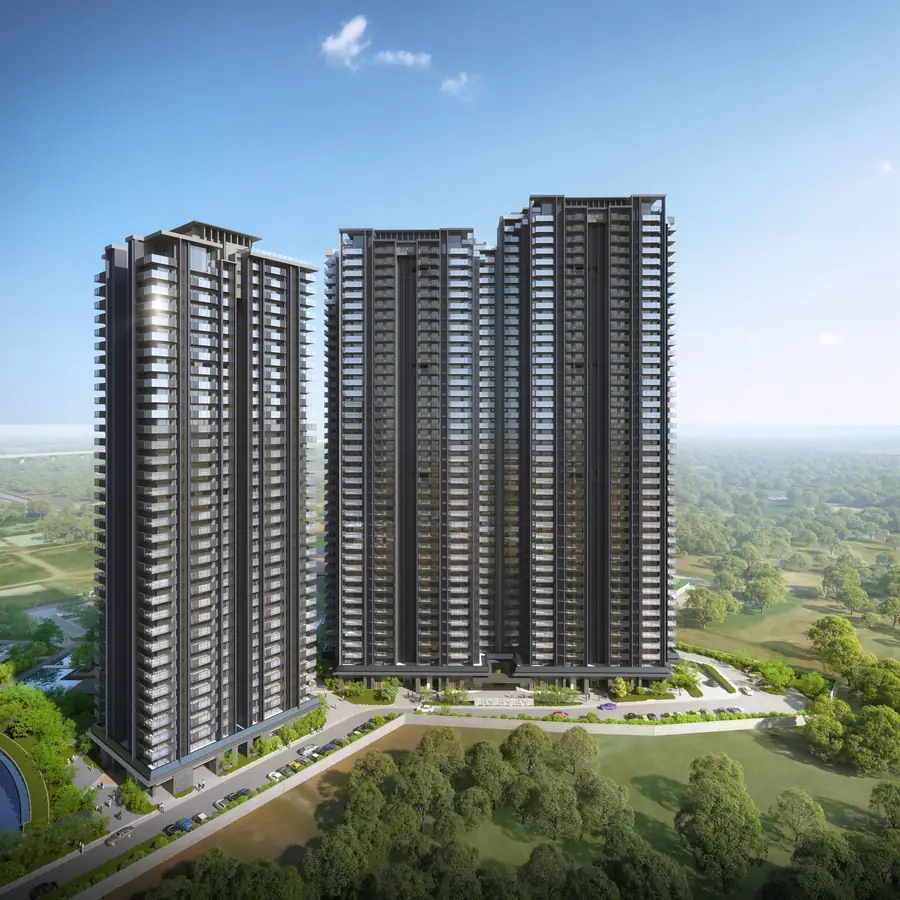The three towers of Waterside Residences rising above the landscape, artistic impression