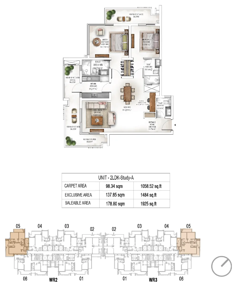 2 LDK plus study floor plan, type A