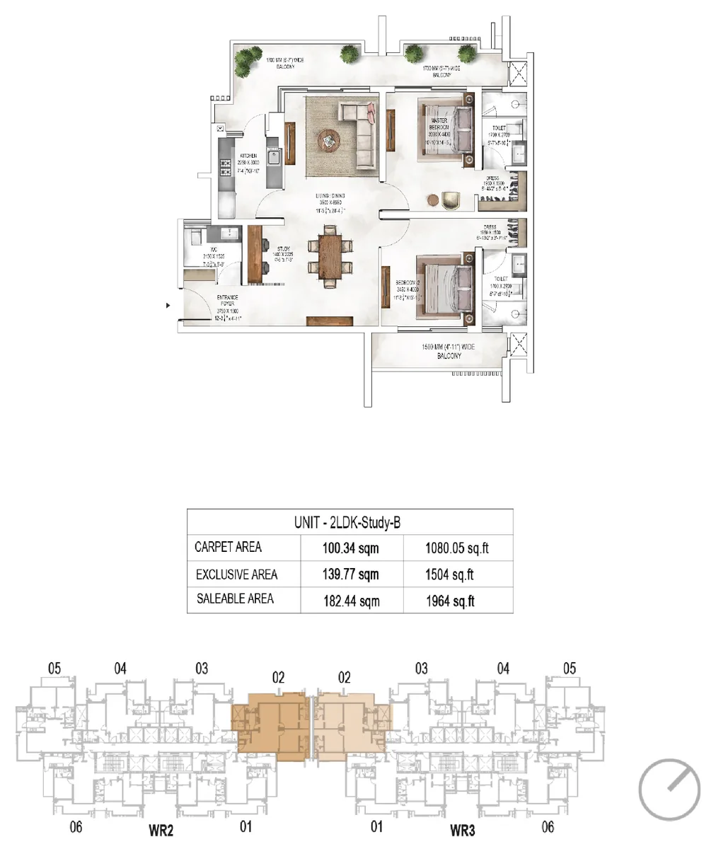 2 LDK plus study floor plan, type B