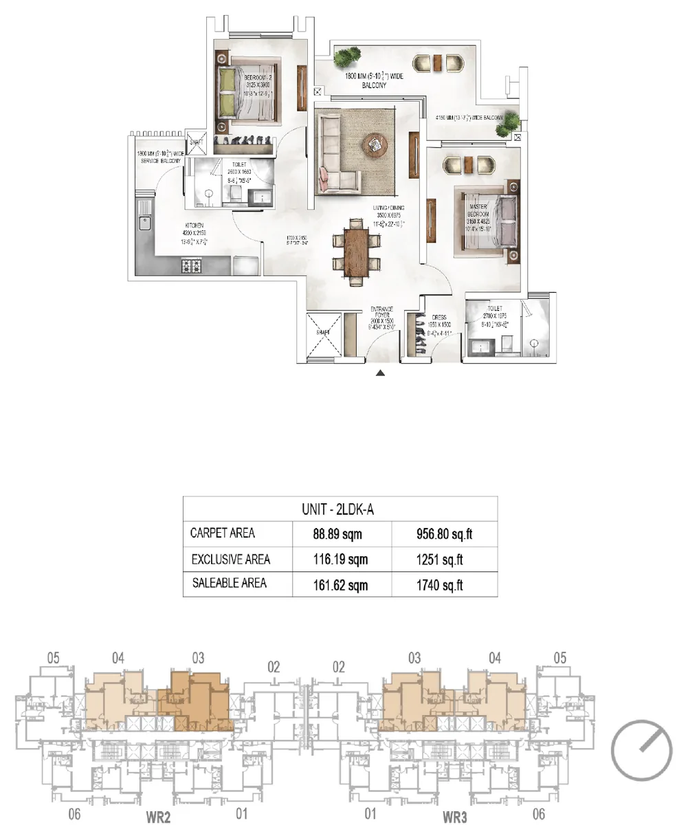2 LDK floor plan with living and dining, kitchen and two bedrooms