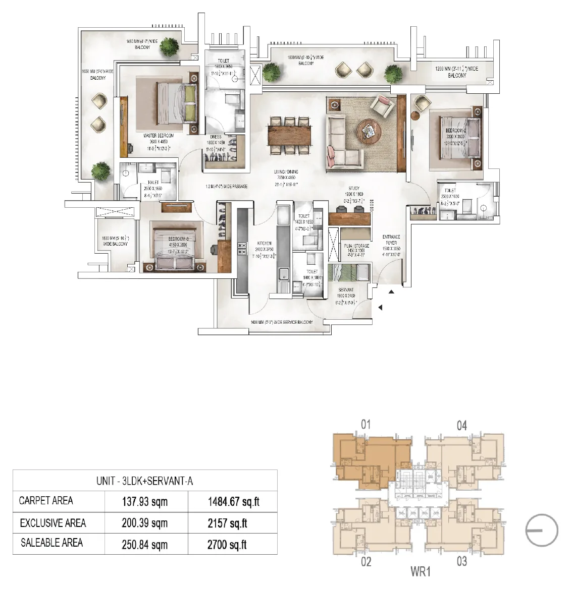 3 LDK plus servant room floor plan